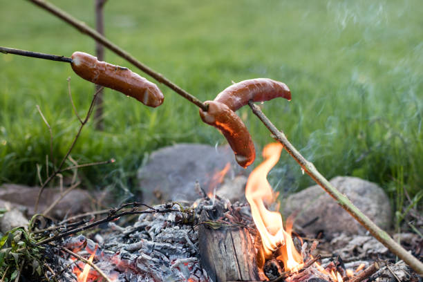 맛 있는 소시지는 모닥불에 준비. 휴일 식사 야외에서 준비입니다. 봄의 계절입니다. - saussage 뉴스 사진 이미지