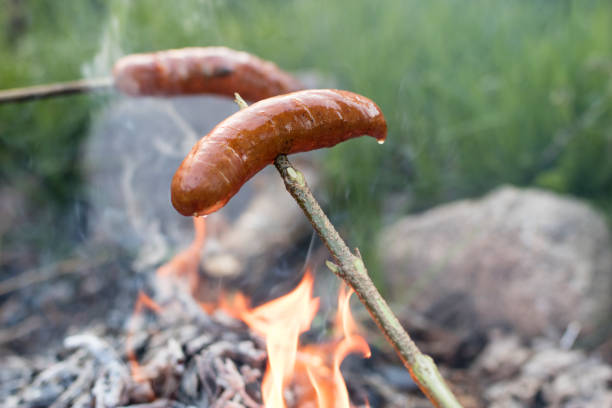 leckere wurst auf dem lagerfeuer zubereitet. ein urlaub-menü, zubereitet unter freiem himmel. jahreszeit des frühlings. - saussage stock-fotos und bilder