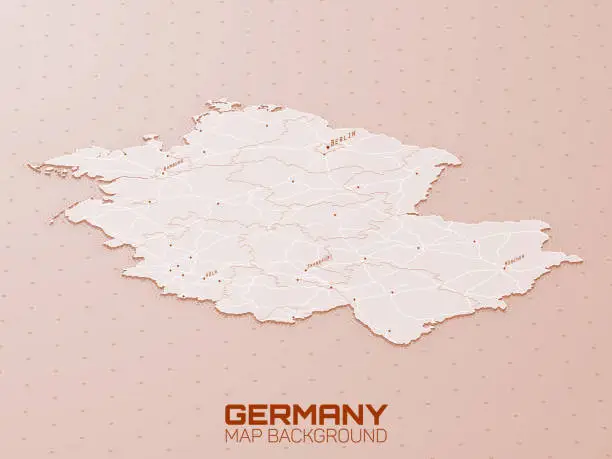 Vector illustration of Germany 3d map visualization. Futuristic HUD map. Geographical information aesthetics. UI map design. Complex Deutschland visualization with roads, regions and main cities.