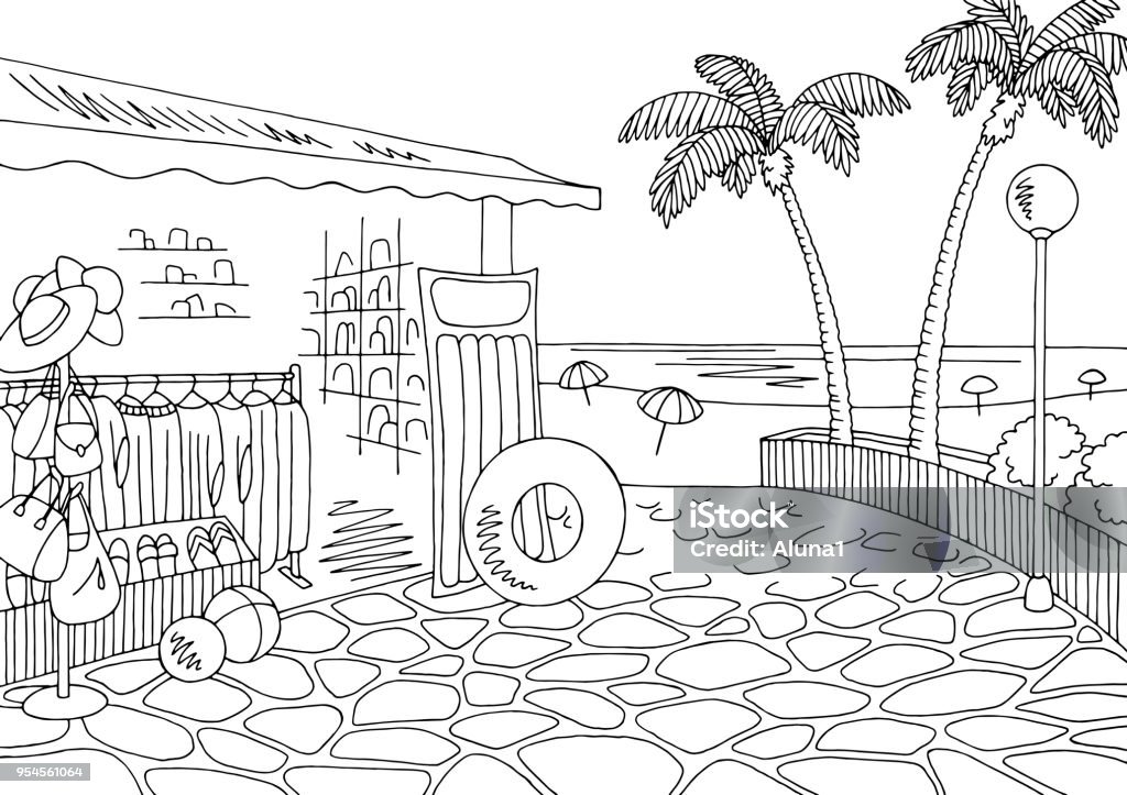 Beach shop graphic black white city landscape sketch illustration vector Beach stock vector