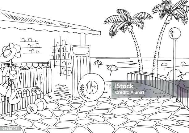 Beach Shop Graphic Black White City Landscape Sketch Illustration Vector Stock Illustration - Download Image Now