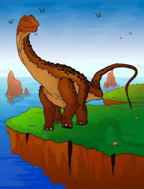 Vector illustration of Diplodocus on the background of the sea. Vector illustration.