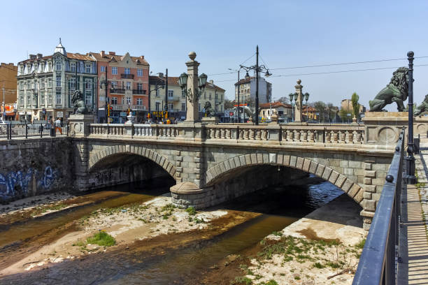 Sofia, Bulgaria - April 13, 2018: Panoramic view of Lion's Bridge over Vladaya river, Sofia, Bulgaria