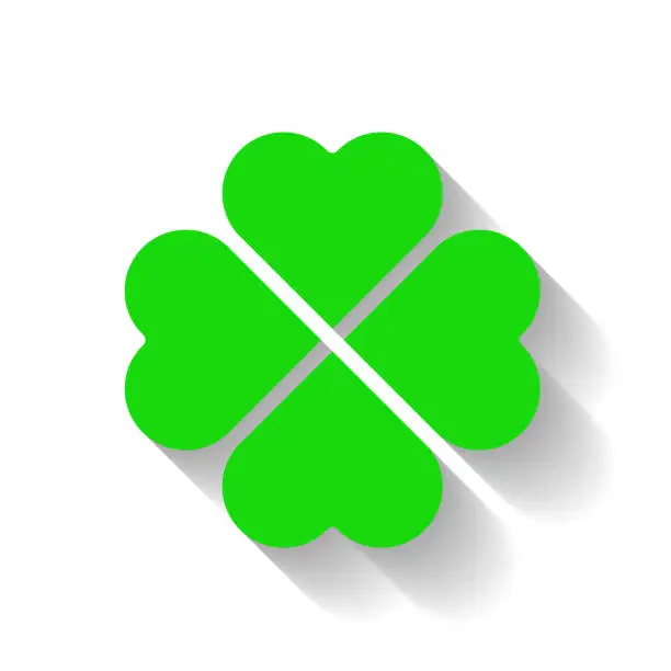 Vector illustration of Shamrock - green four leaf clover icon. Good luck theme and Saint Patrick symbol design element. Simple vector illustration with long shadow effect