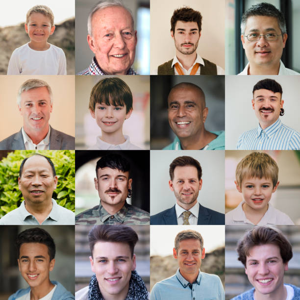 Male Headshot Collage 4x4 collage made up of headshots of a diverse range of males including children, teenagers, adults and seniors. gay man photos stock pictures, royalty-free photos & images
