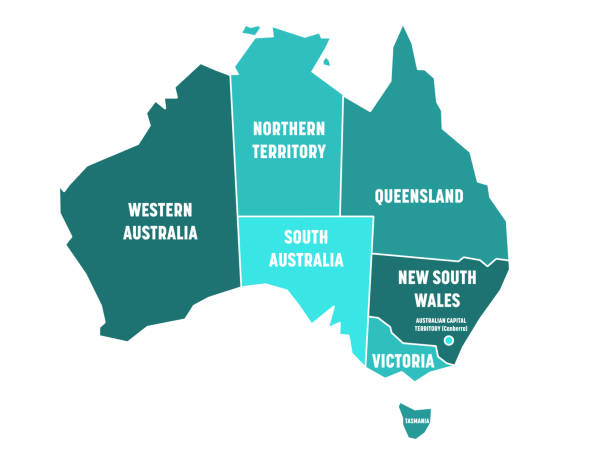 illustrazioni stock, clip art, cartoni animati e icone di tendenza di mappa semplificata dell'australia divisa in stati e territori. mappa piatta blu turchese con bordi bianchi ed etichette bianche. illustrazione vettoriale - territories