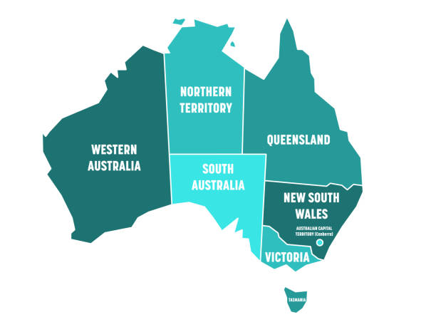 Simplified map of Australia divided into states and territories. Turquoise blue flat map with white borders and white labels. Vector illustration Simplified map of Australia divided into states and territories. Turquoise blue flat map with white borders and white labels. Vector illustration. australia stock illustrations