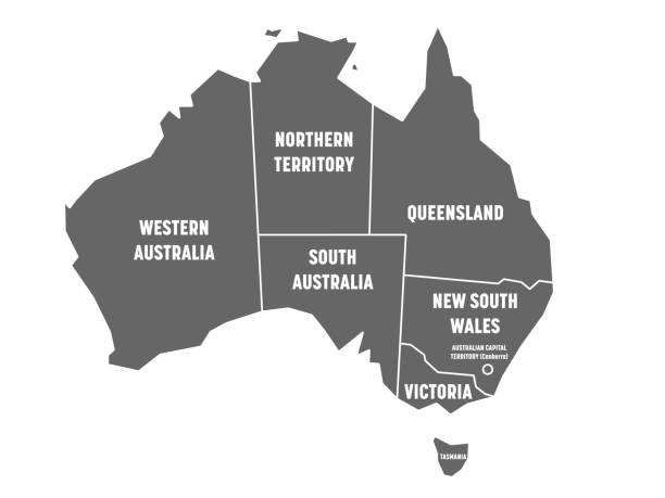 Simplified map of Australia divided into states and territories. Grey flat map with white borders and white labels. Vector illustration Simplified map of Australia divided into states and territories. Grey flat map with white borders and white labels. Vector illustration. australia cartography map queensland stock illustrations