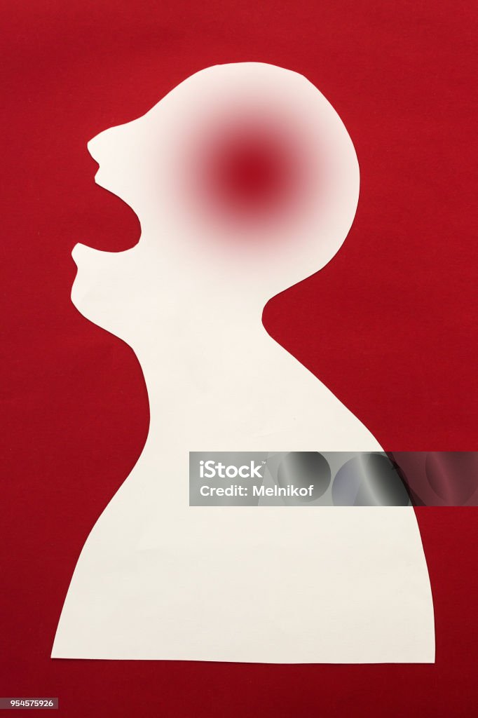 concept of human disease diagnosis and pain localization on silhouette - contour of abstract white man with opened mouth and severe headache, isolated on red background, top view, flat lay. concept of human disease diagnosis and pain localization on silhouette - contour of abstract white man with opened mouth and severe headache, isolated on red background, top view, flat lay Abstract stock illustration