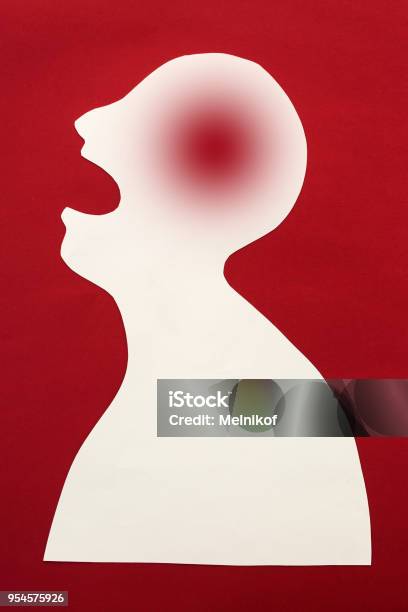 Concept Of Human Disease Diagnosis And Pain Localization On Silhouette Contour Of Abstract White Man With Opened Mouth And Severe Headache Isolated On Red Background Top View Flat Lay Stock Illustration - Download Image Now