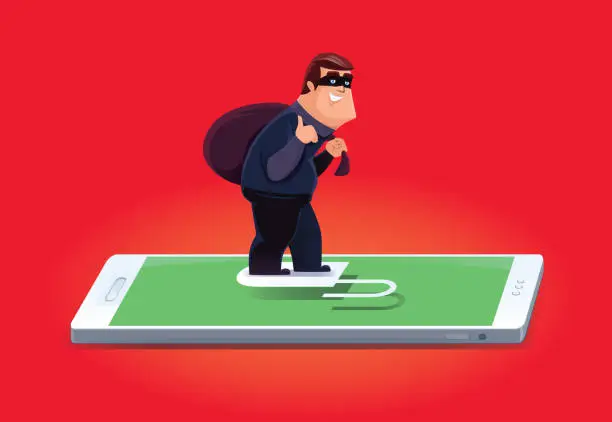 Vector illustration of cyber thief with unlocked smartphone