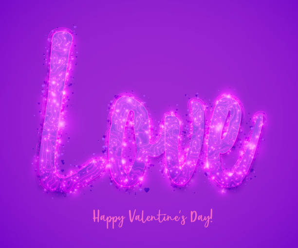 istock Romantic purple Happy Valentines Day calligraphy card. Tender elegant Love text decorated with neon lights, hearts and flares. Vector illustration for you love with Happy Valentines Day typography. 954582278