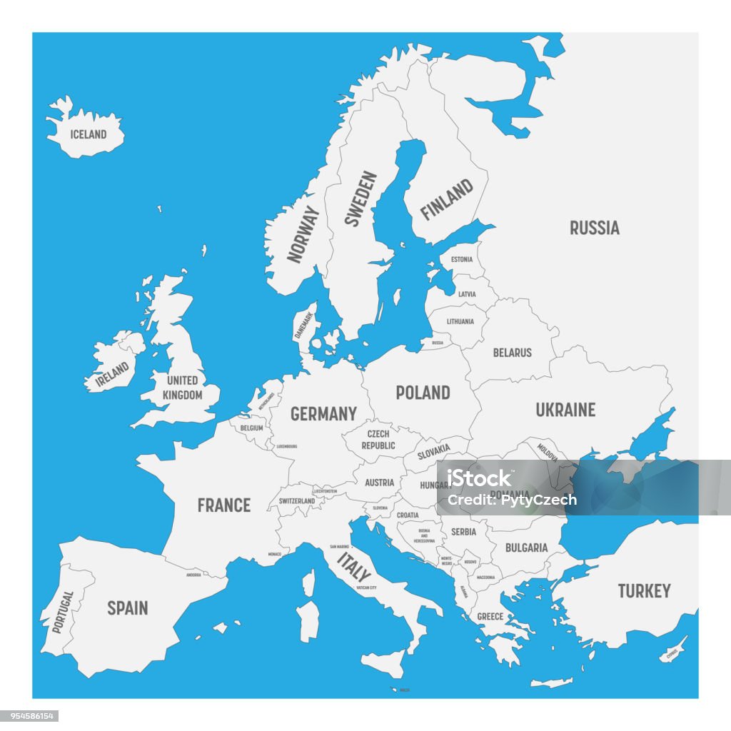 Kaart Van Europa Met Namen Van Soevereine Landen Ministates Opgenomen  Vereenvoudigde Zwarte Vector Kaart Op Witte Achtergrond Stockvectorkunst En  Meer Beelden Van Blauw - Istock