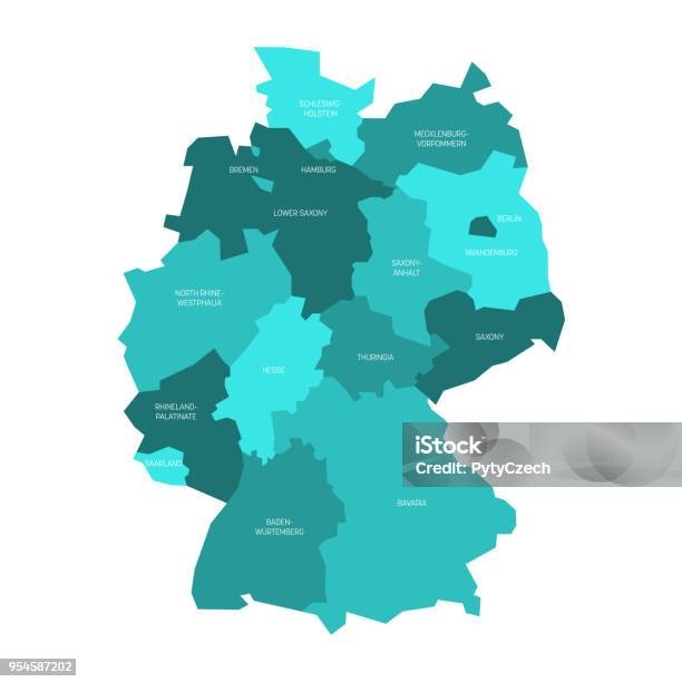 Karte Von Deutschland Aufgeteilt In 13 Bundesländern Und 3 Stadtstaatenberlin Bremen Und Hamburg Europa Einfache Flache Vektorkarte In Schattierungen Von Türkisblau Stock Vektor Art und mehr Bilder von Deutschland
