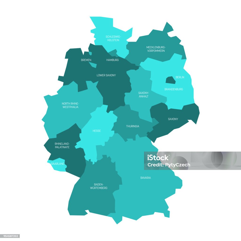 Map of Germany devided to 13 federal states and 3 city-states - Berlin, Bremen and Hamburg, Europe. Simple flat vector map in shades of turquoise blue Map of Germany devided to 13 federal states and 3 city-states - Berlin, Bremen and Hamburg, Europe. Simple flat vector map in shades of turquoise blue. Germany stock vector