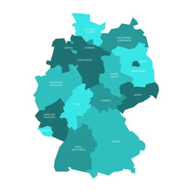 Vector illustration of Map of Germany devided to 13 federal states and 3 city-states - Berlin, Bremen and Hamburg, Europe. Simple flat vector map in shades of turquoise blue