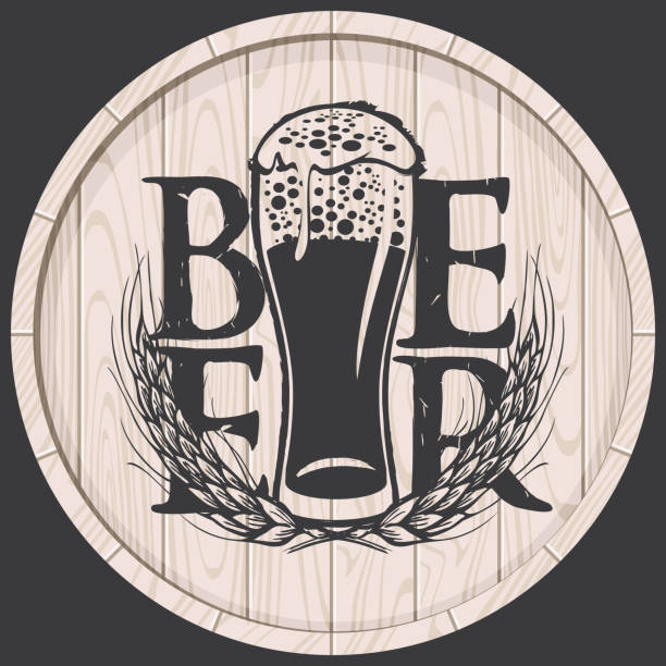 ilustraciones, imágenes clip art, dibujos animados e iconos de stock de etiqueta de la cerveza en barril madera con vaso lleno de cerveza - mug beer barley wheat