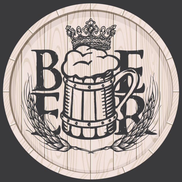 ilustraciones, imágenes clip art, dibujos animados e iconos de stock de etiqueta de la cerveza en barril madera con taza de cerveza completo - mug beer barley wheat