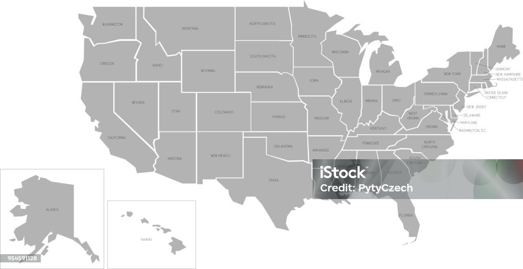 Simlified vector map of USA Simlified vector map of United States of America with full names USA stock vector