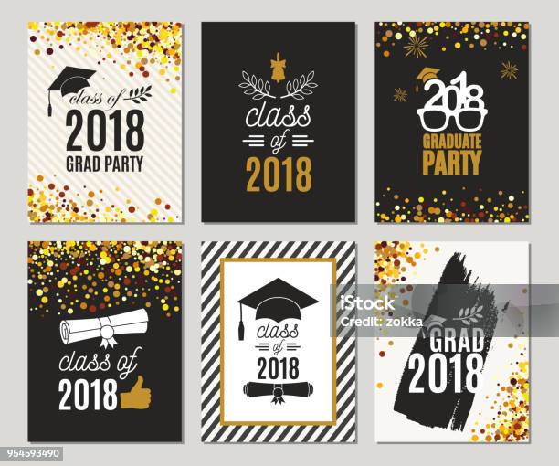 Graduation Class Of 2018 Greeting Cards Set Vector Party Invitations Grad Posters All Isolated And Layered Stock Illustration - Download Image Now