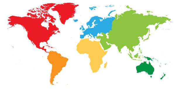 ilustrações de stock, clip art, desenhos animados e ícones de world map divided into six continents. each continent in different color. simple flat vector illustration - going into