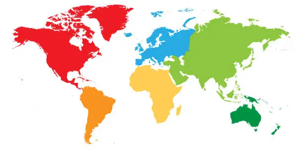 Vector illustration of World map divided into six continents. Each continent in different color. Simple flat vector illustration