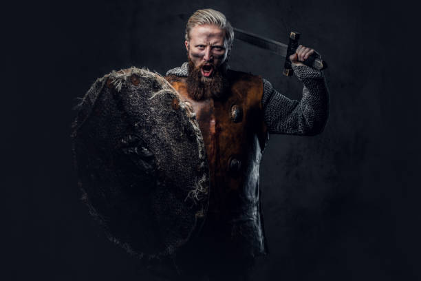 istock Viking dressed in Nordic armor holds a shield and silver sword. 954606730