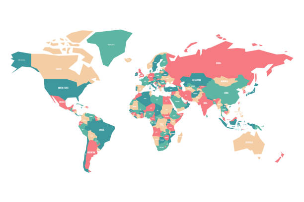 ilustrações, clipart, desenhos animados e ícones de mapa colorido do mundo. mapa simplificado do vetor com rótulos de nome de país - map cartography east asia china