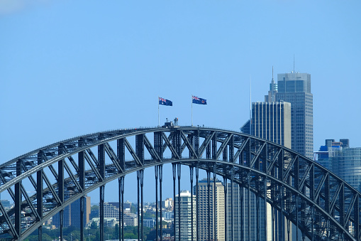 close up view of flags atop Harbour Bridge with skyline in rear. The right flag is the NSW State Flag