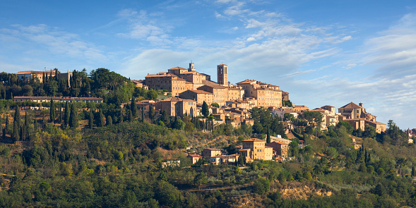 View of the town of Montepulciano on a hilltop in Tuscany, Italy.