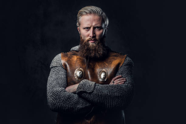 um homem vestido de viking na armadura nórdica. - period costume fotos - fotografias e filmes do acervo