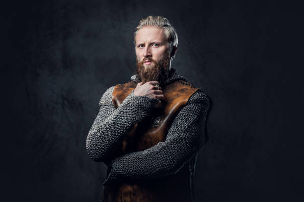 człowiek viking ubrany w nordyckiej zbroi. - period costume obrazy zdjęcia i obrazy z banku zdjęć