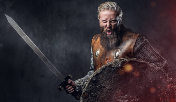 viking, vestido de armadura nórdica possui um escudo e uma espada de prata. - bárbaro - fotografias e filmes do acervo
