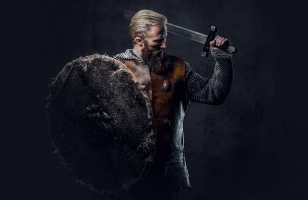 wiking ubrany w nordycką zbroję posiada tarczę i srebrny miecz. - period costume obrazy zdjęcia i obrazy z banku zdjęć