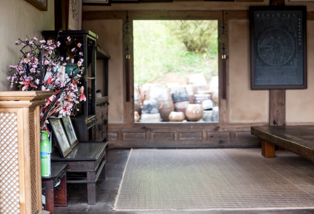 istock Pine wood benches outside asian tradition house 954625902