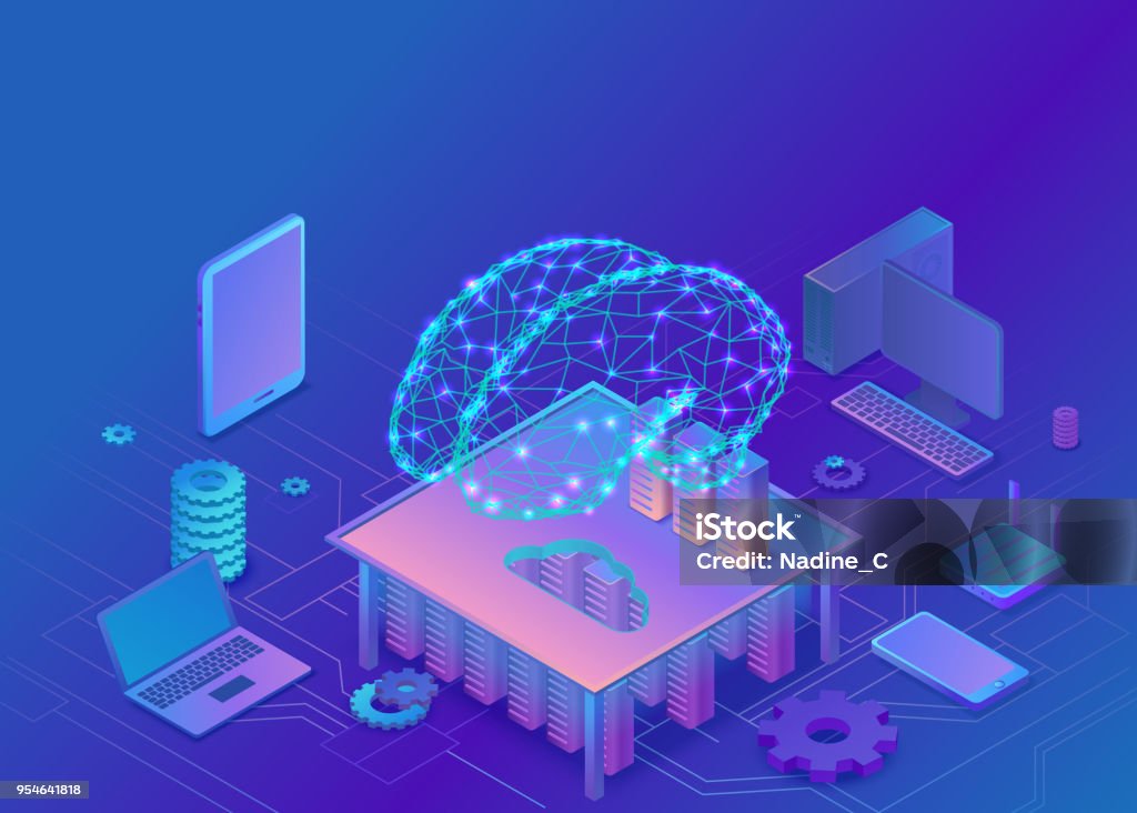 Concepto de inteligencia artificial con cerebro eléctrico y redes neuronales, Ilustración 3d isométrico con bandera de almacenamiento de datos moderna, Fondo de la página de aterrizaje, gadget móvil, smartphone, laptop - arte vectorial de Inteligencia artificial libre de derechos