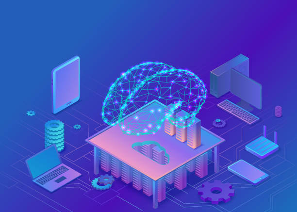 illustrations, cliparts, dessins animés et icônes de concept de l’intelligence artificielle avec cerveau électrique et réseau de neurones, une illustration 3d isométrique avec bannière de stockage des données modernes, fond de page d’atterrissage, gadget mobile, ordinateur portable, smartphone - computer isometric network server computer icon