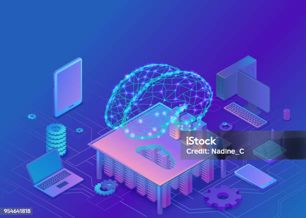 Artificial Intelligence Concept With Electric Brain And Neural Network Isometric 3d Illustration With Smartphone Laptop Mobile Gadget Modern Data Storage Banner Landing Page Background Stock Illustration - Download Image Now
