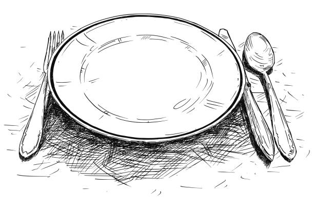 Vector Artistic Illustration or Drawing of Empty Plate, Knife and Fork Vector artistic pen and ink drawing illustration of empty plate, knife and fork. cutlery cartoons stock illustrations