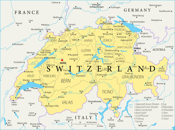 карта швейцарии - вектор - ticino canton illustrations stock illustrations