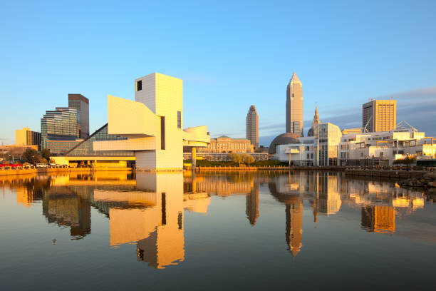 Skyline of downtown Cleveland from the harbor stock photo