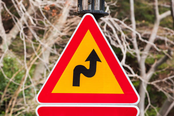 istock Dangerous turns, triangle warning traffic sign 954646410