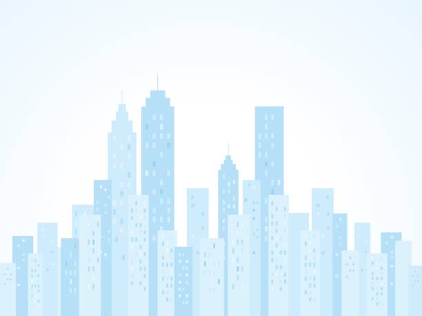 bildbanksillustrationer, clip art samt tecknat material och ikoner med blue city skyline with skyscraper buildings illustration silhouette - manhattan skyline sunset