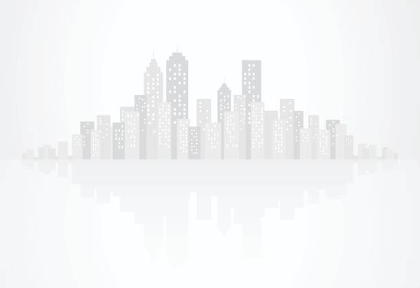 graue gebäude und wolkenkratzer die skyline silhouette mit reflexion - monochrome cityscape color image horizontal stock-grafiken, -clipart, -cartoons und -symbole