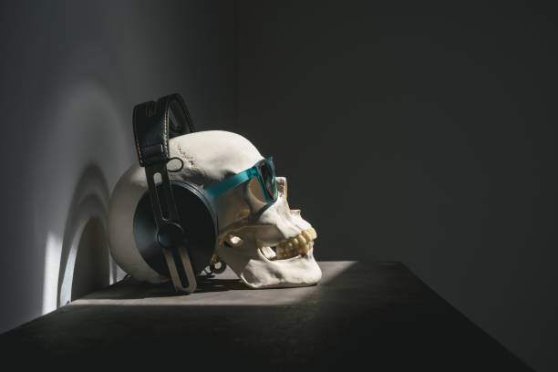 Human skull wearing headphones and sunglasses on a dark background