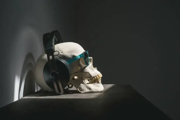 Photo of Human skull wearing headphones and sunglasses