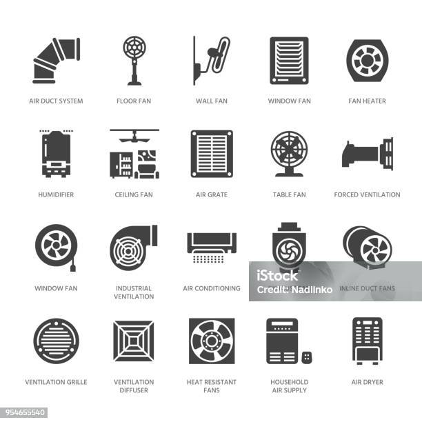 Ventilation Equipment Glyph Icons Air Conditioning Cooling Appliances Exhaust Fan Household And Industrial Ventilator Signs For Appliance Store Solid Silhouette Pixel Perfect 64x64 Stock Illustration - Download Image Now