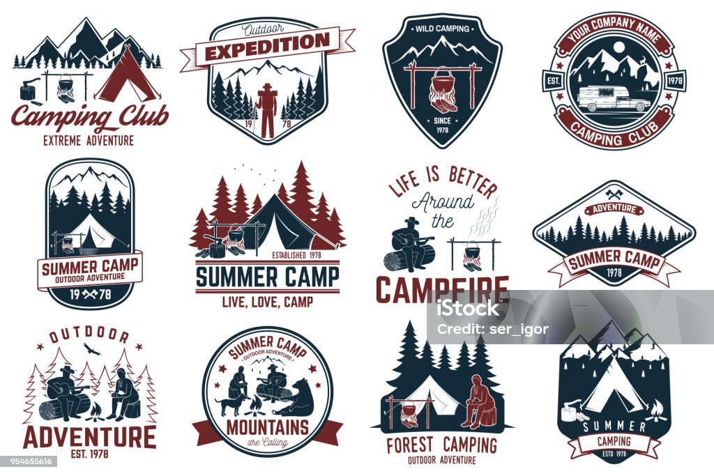 Summer camp. Vector illustration. Concept for shirt or logo, print, stamp or tee Summer camp. Vector illustration. Concept for shirt or logo, print, stamp or tee. Vintage typography design with rv trailer, camping tent, campfire, bear, man with guitar and forest silhouette. Camping stock vector