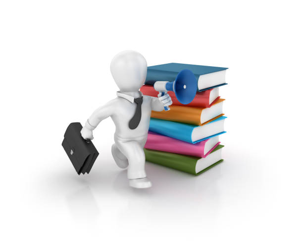 Stack of Books and Business Character with Megaphone - 3D Rendering