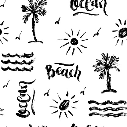 Seamless artistic abstract summer pattern. Hand drawn repeatable creative background. Paint brush grunge design ocean and beach. Black and white drawing.